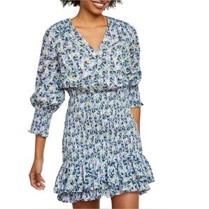 VERONICA BEARD Darrah Smocked Floral Mini Dress Cobalt Blue White Size 2 EUC